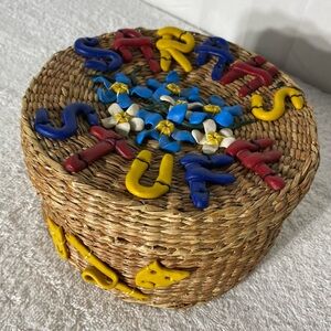 Vintage “Sarah’s Stuff” Decorated Small Round Basket With Lid
